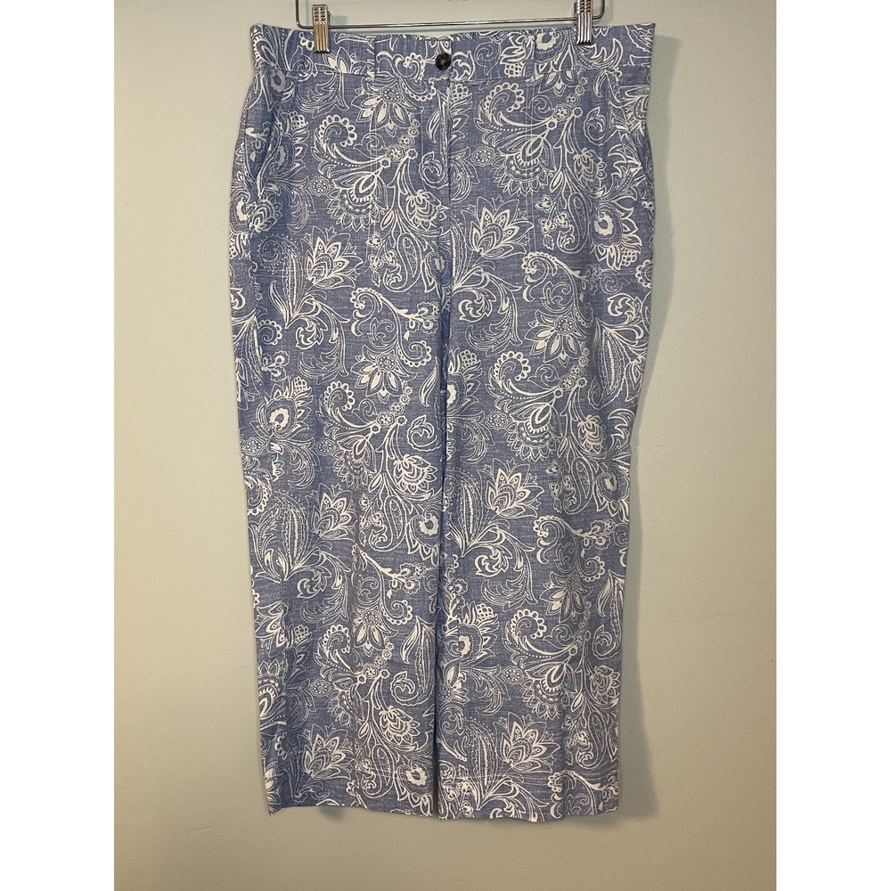 Talbots Pants Womens Size 14 Blue Paisley Print Linen Blend Casual Coastal